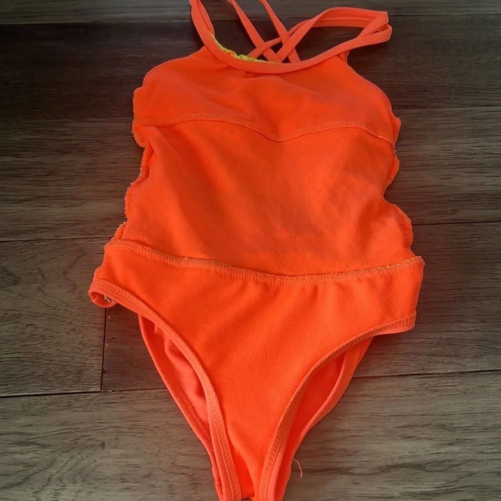 Toddler fluorescent metallic like multicolor rainbow crisscross strap swimsuit